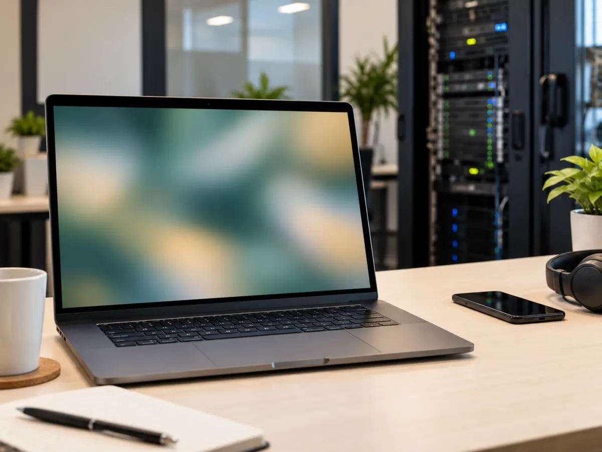 Laptop mit Servergehäuse als Sinnbild der IT-Vergabe